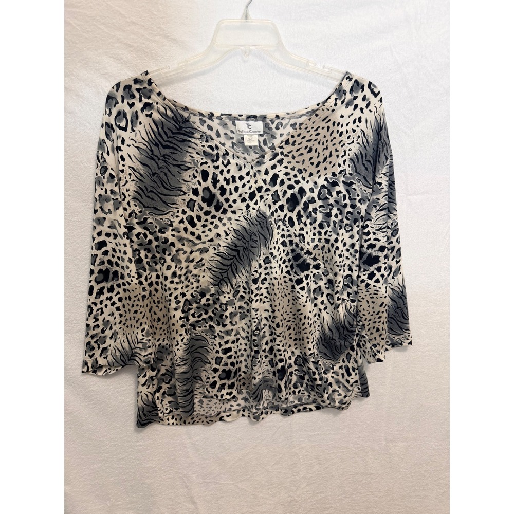 The Travel Collection Animal Print V-Neck Top 3/4 Sleeve Grey Black 2X SG71471